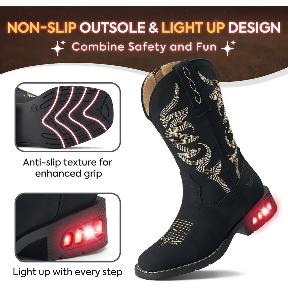 ⚡Girls Black Cowgirl Boots Light Up Kids Western Boots for Toddler Calf High